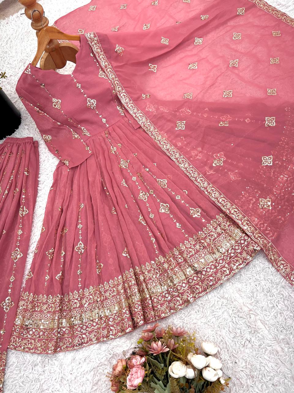 Pretty Pink Color Sequence Work Silk Gown With ShararaSuit