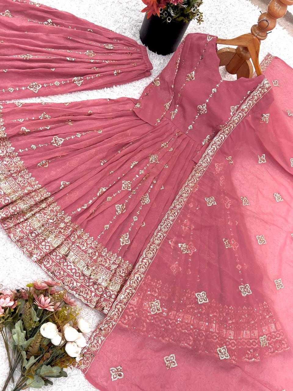Pretty Pink Color Sequence Work Silk Gown With ShararaSuit