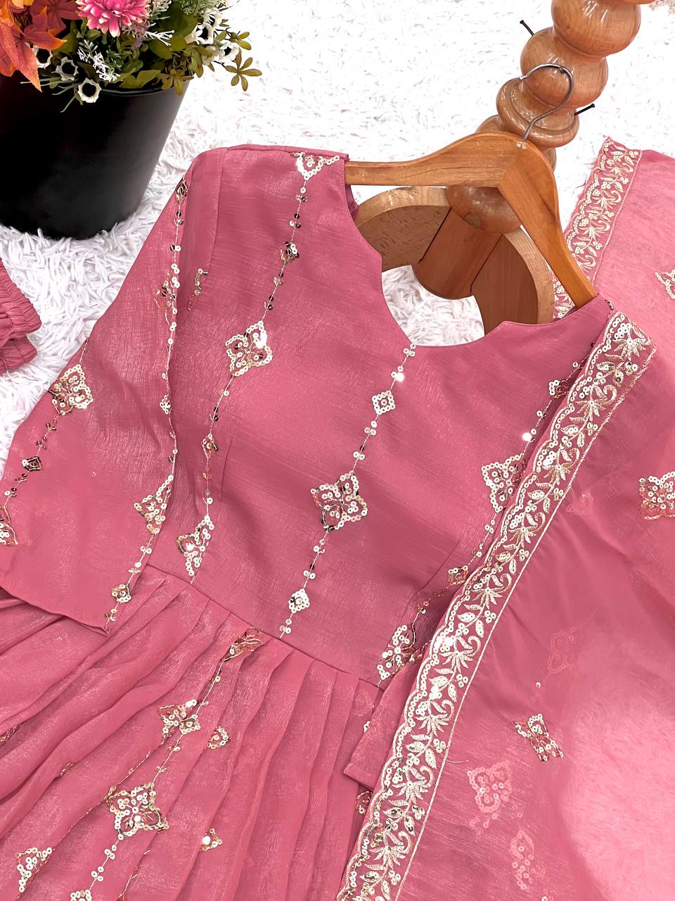 Pretty Pink Color Sequence Work Silk Gown With ShararaSuit