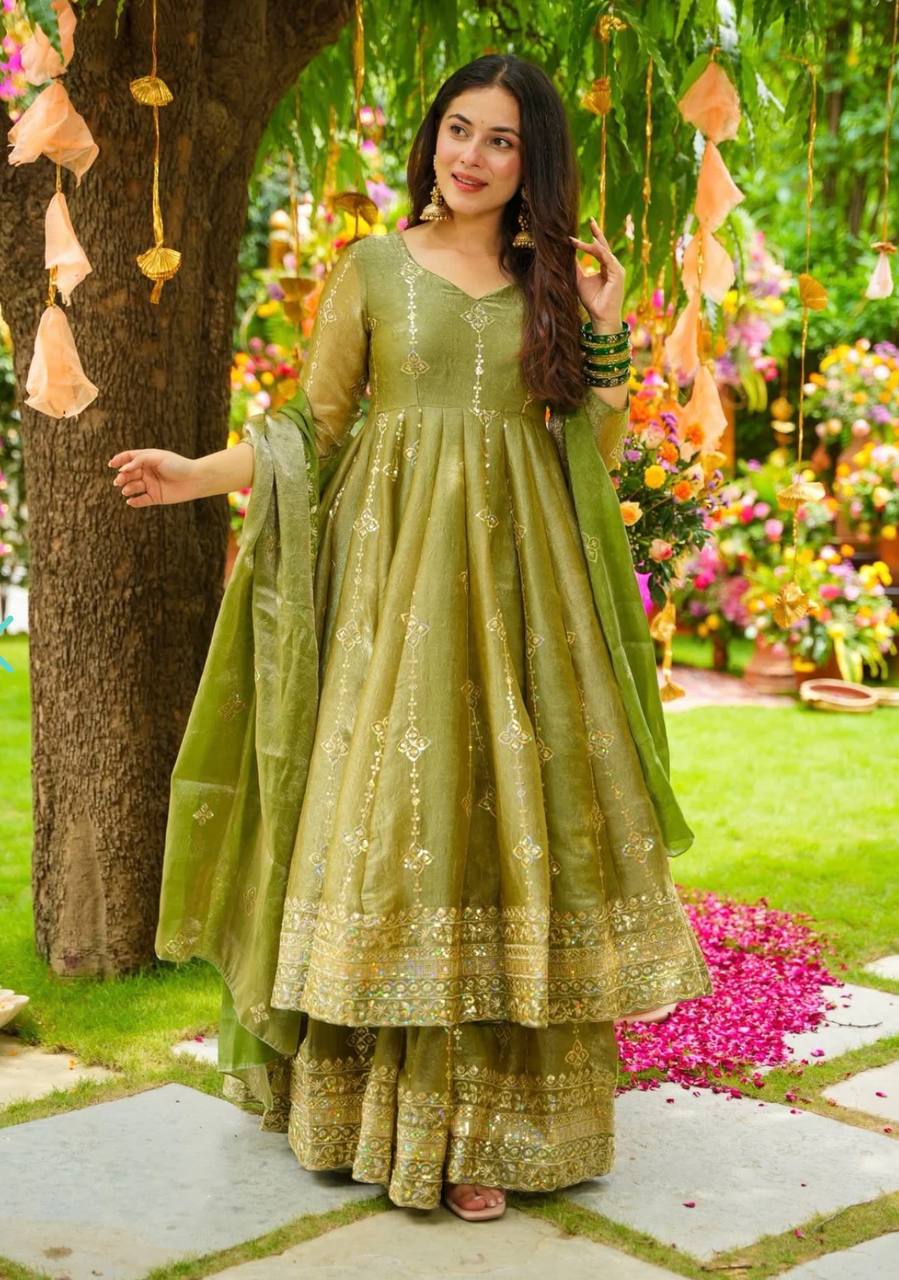Pretty Pink Color Sequence Work Silk Gown With ShararaSuit