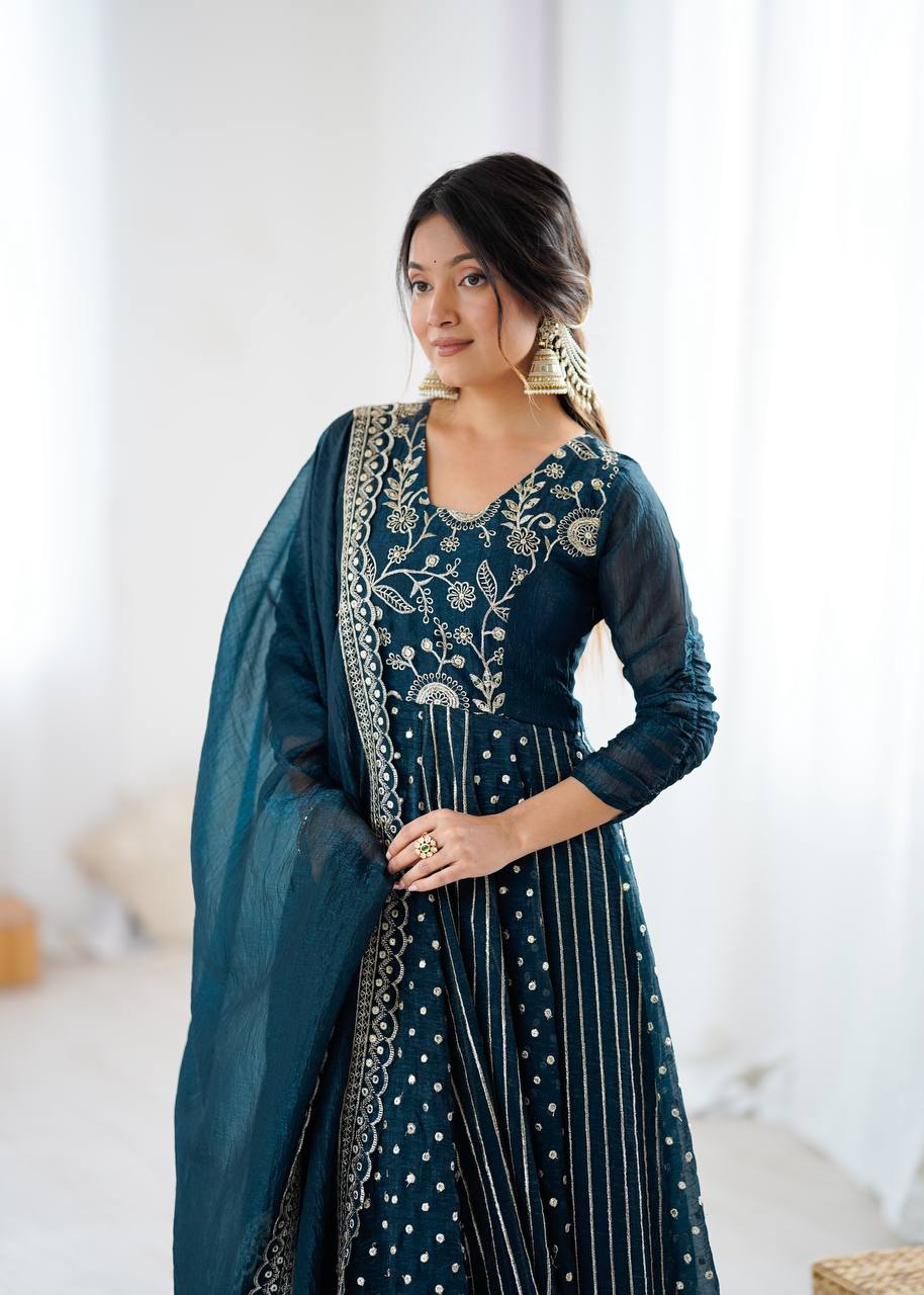 Beautiful Green Silk with Embroidery Work Gown