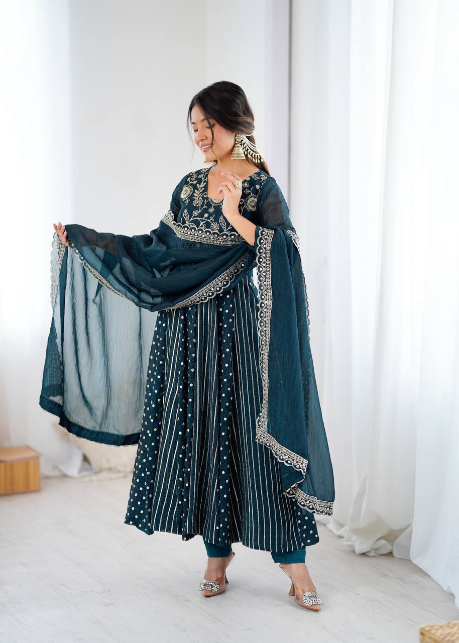 Beautiful Green Silk with Embroidery Work Gown