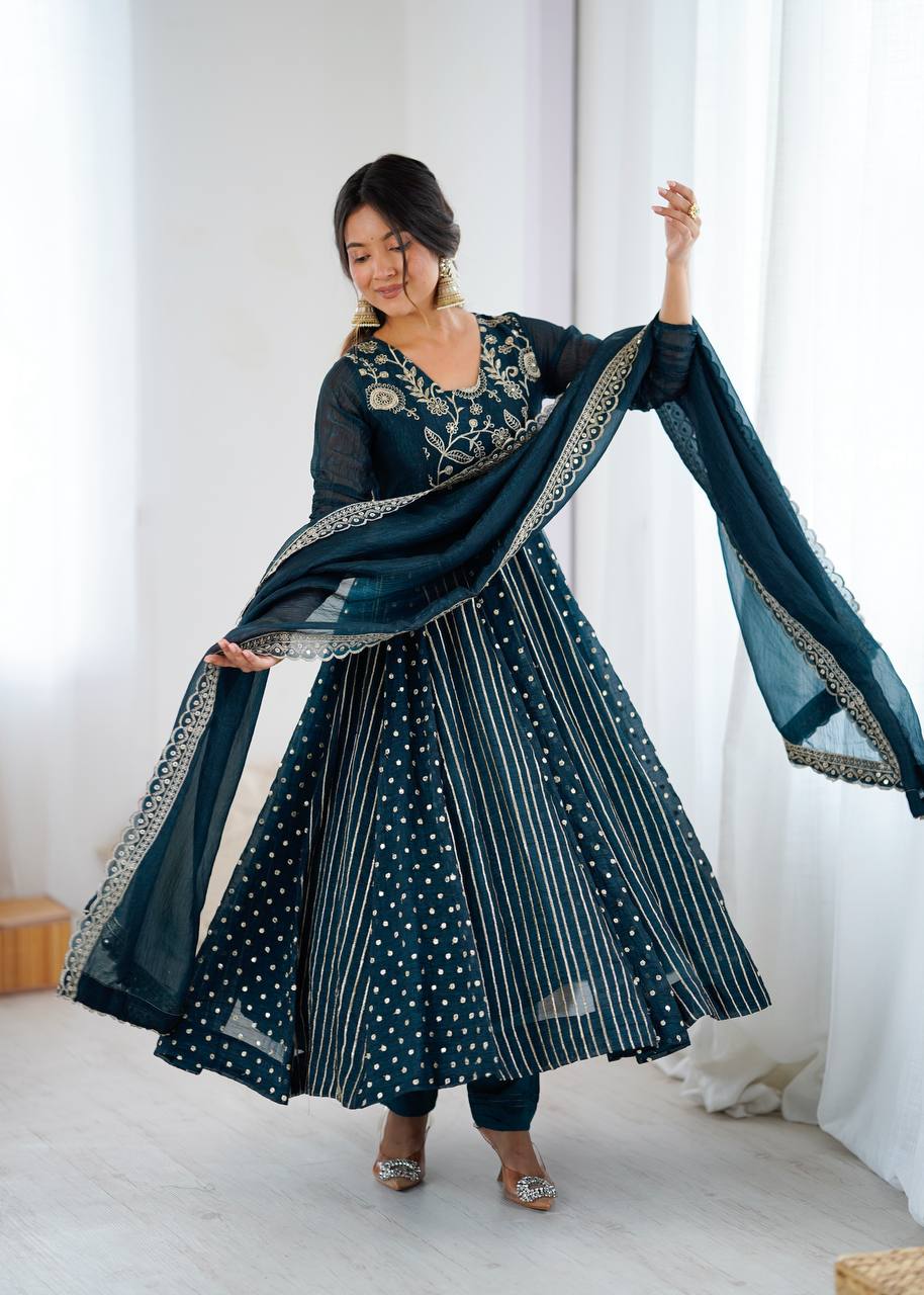 Beautiful Green Silk with Embroidery Work Gown