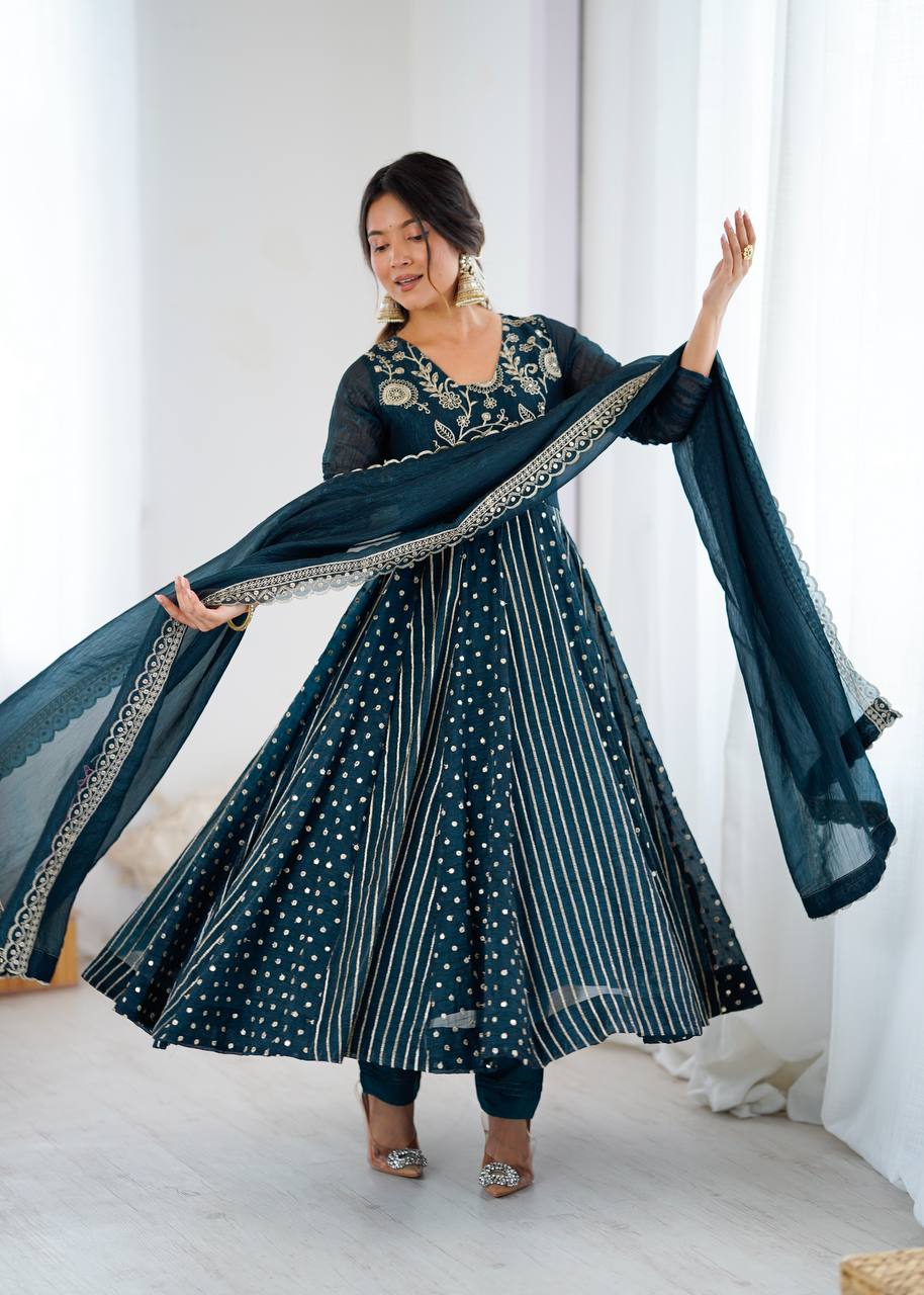 Beautiful Green Silk with Embroidery Work Gown