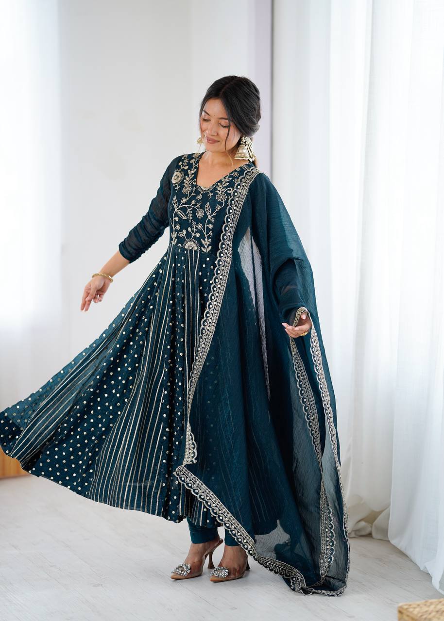 Beautiful Green Silk with Embroidery Work Gown