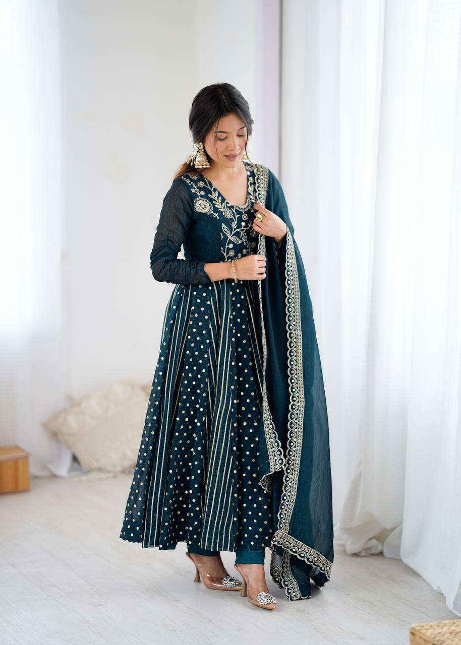 Beautiful Green Silk with Embroidery Work Gown
