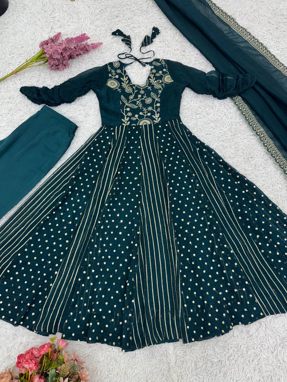 Beautiful Green Silk with Embroidery Work Gown