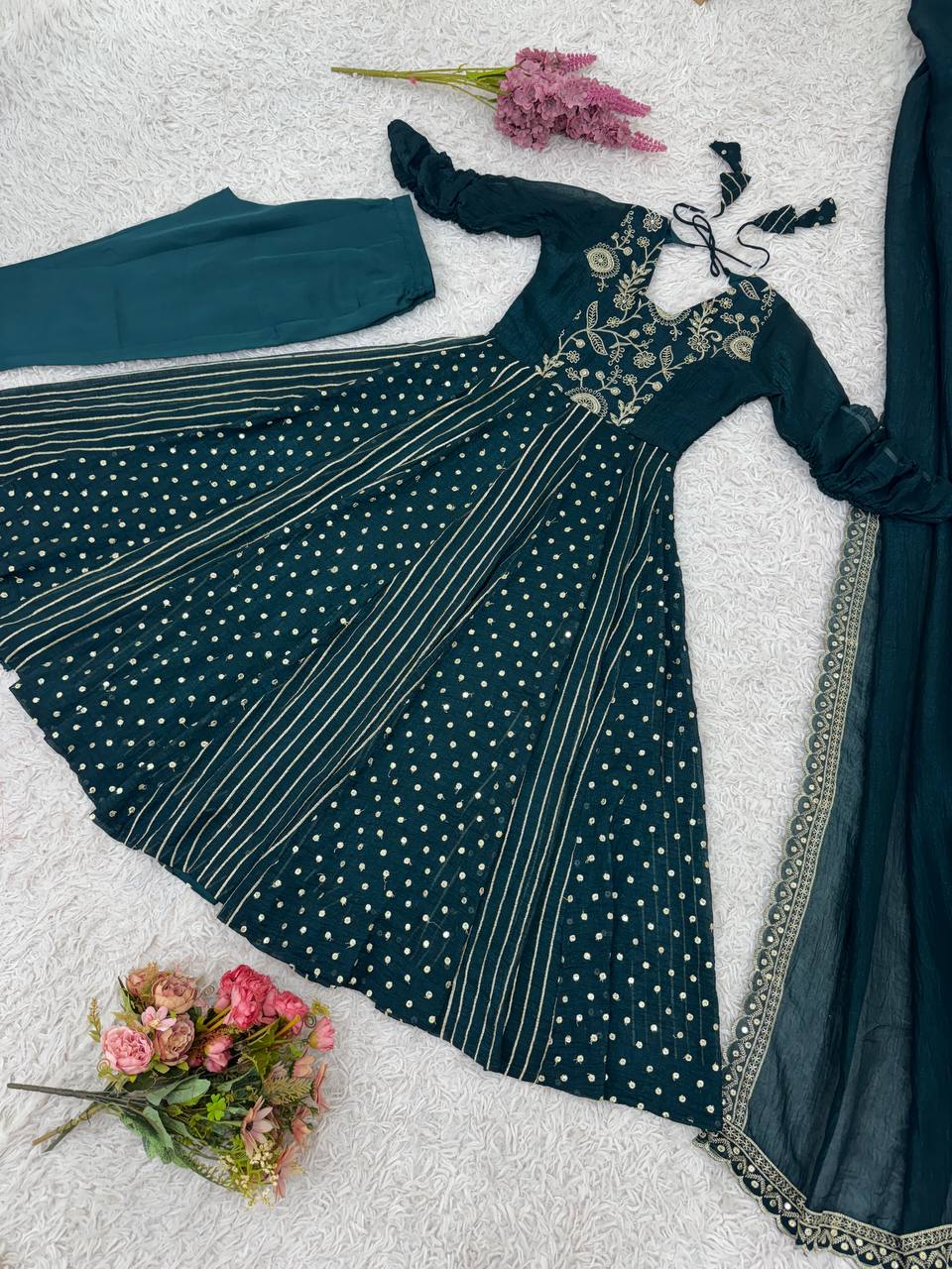 Beautiful Green Silk with Embroidery Work Gown