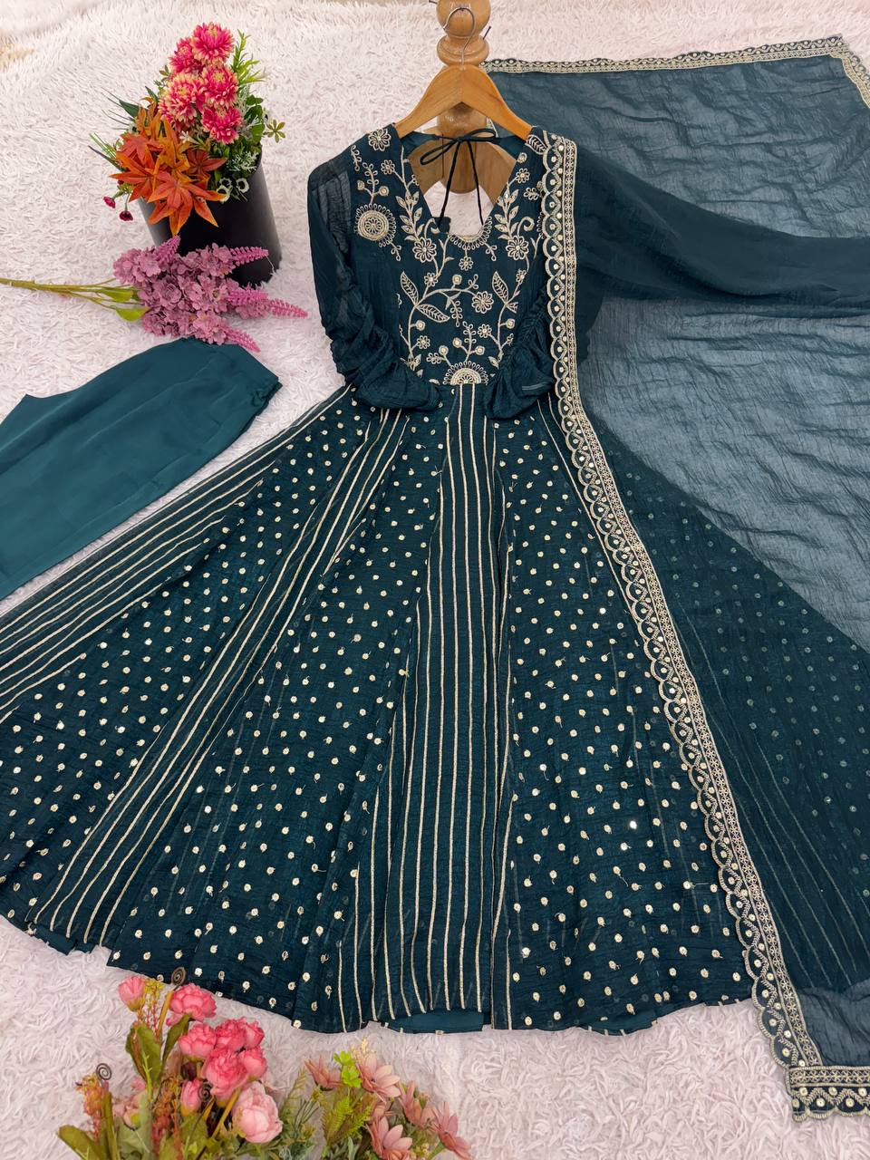 Beautiful Green Silk with Embroidery Work Gown