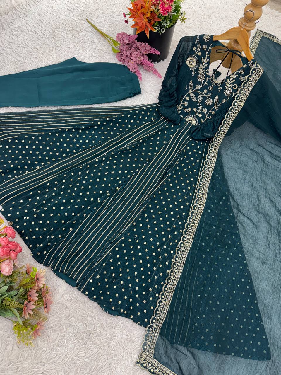 Beautiful Green Silk with Embroidery Work Gown