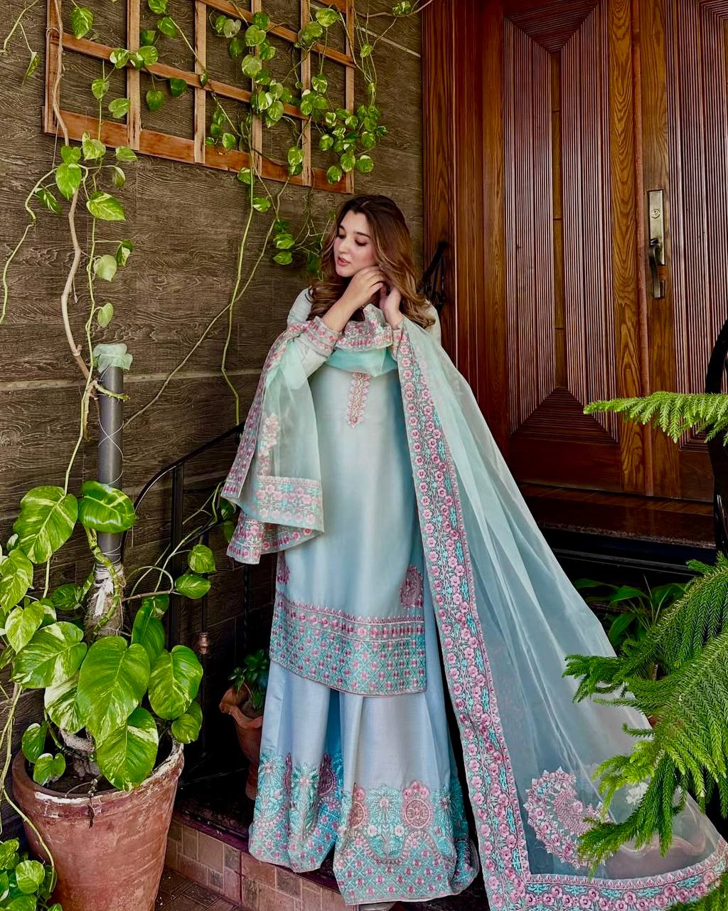 Ravishing Sky Blue Silk Embroidered Palazzo Suit