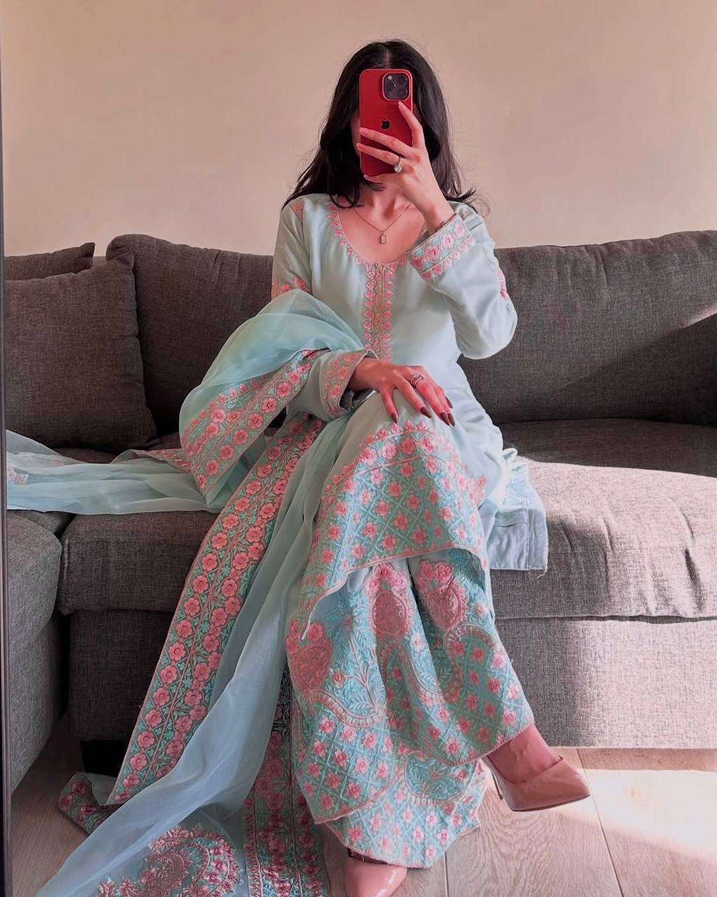 Ravishing Sky Blue Silk Embroidered Palazzo Suit