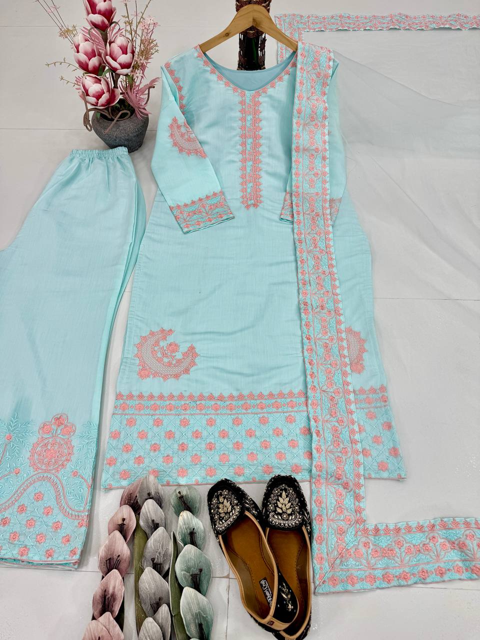 Ravishing Sky Blue Silk Embroidered Palazzo Suit