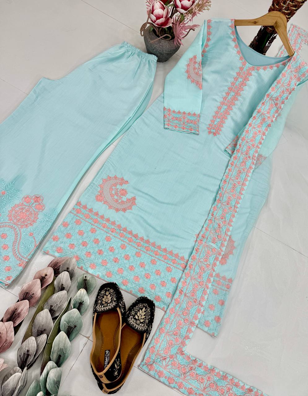 Ravishing Sky Blue Silk Embroidered Palazzo Suit