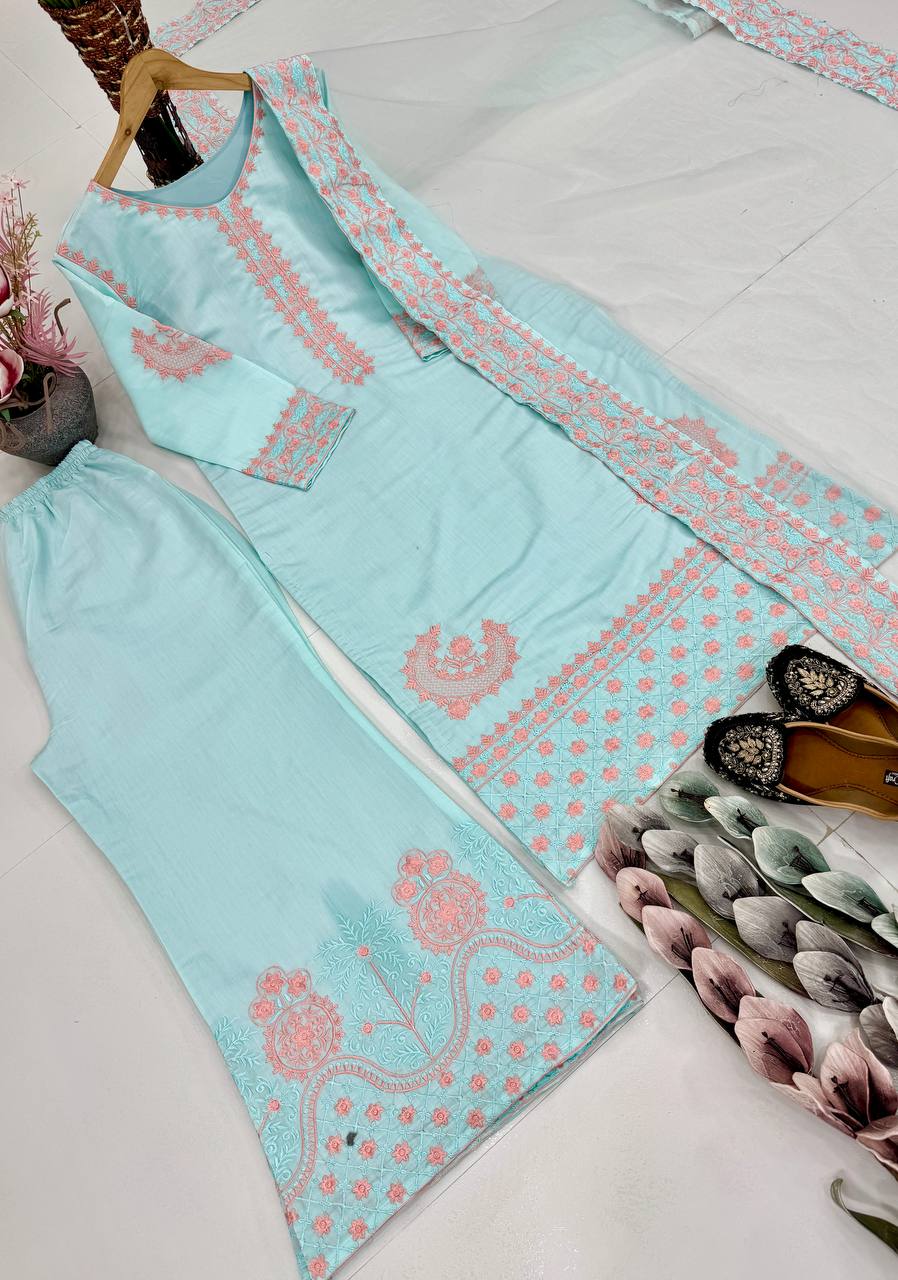 Ravishing Sky Blue Silk Embroidered Palazzo Suit
