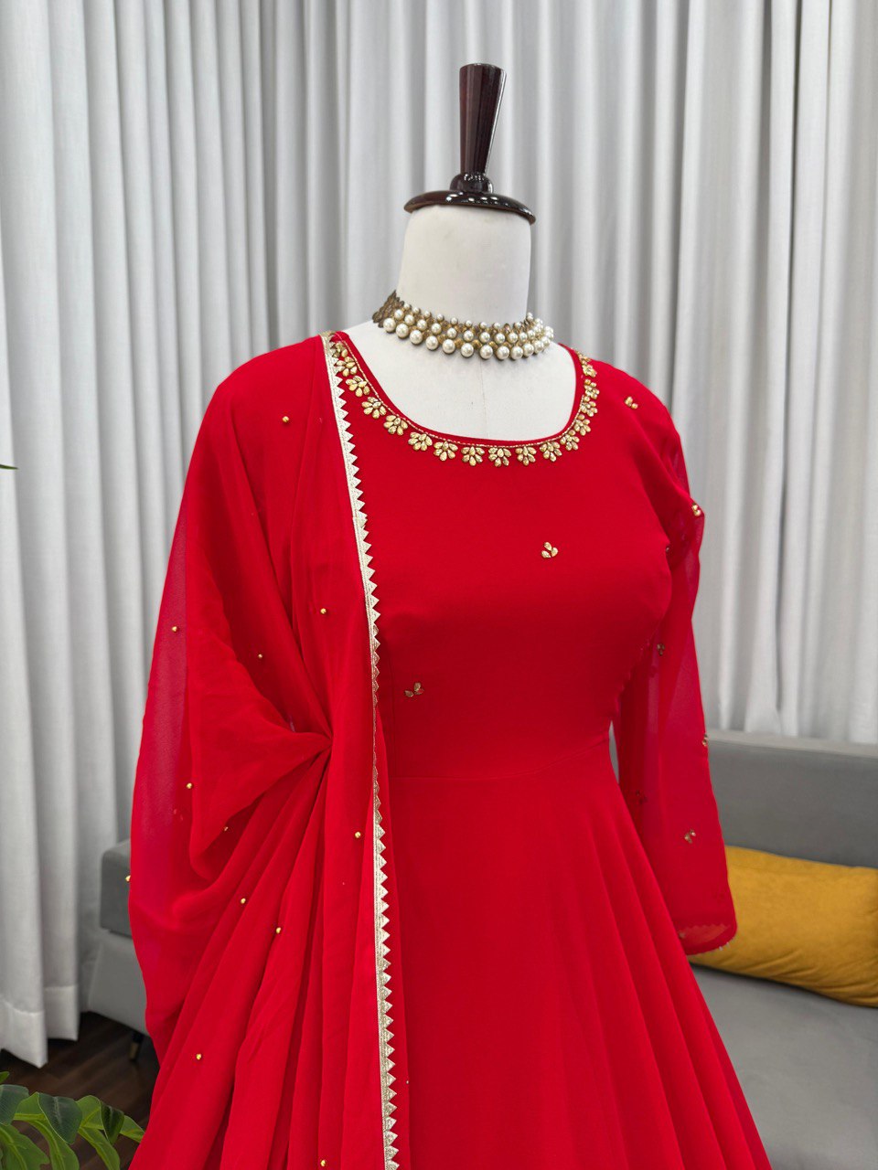 Awesome Red Color Flared Georgette Gown