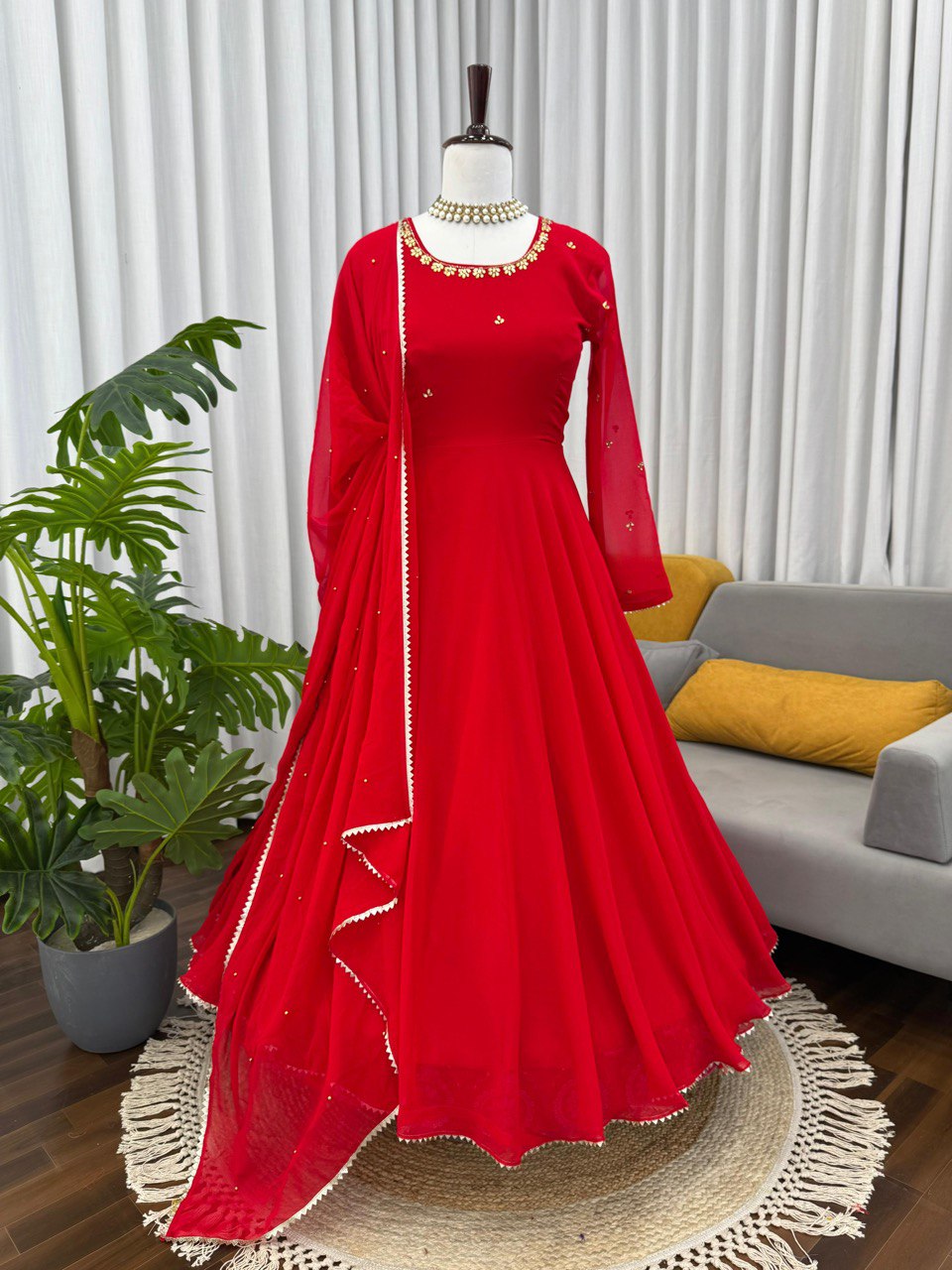 Awesome Red Color Flared Georgette Gown