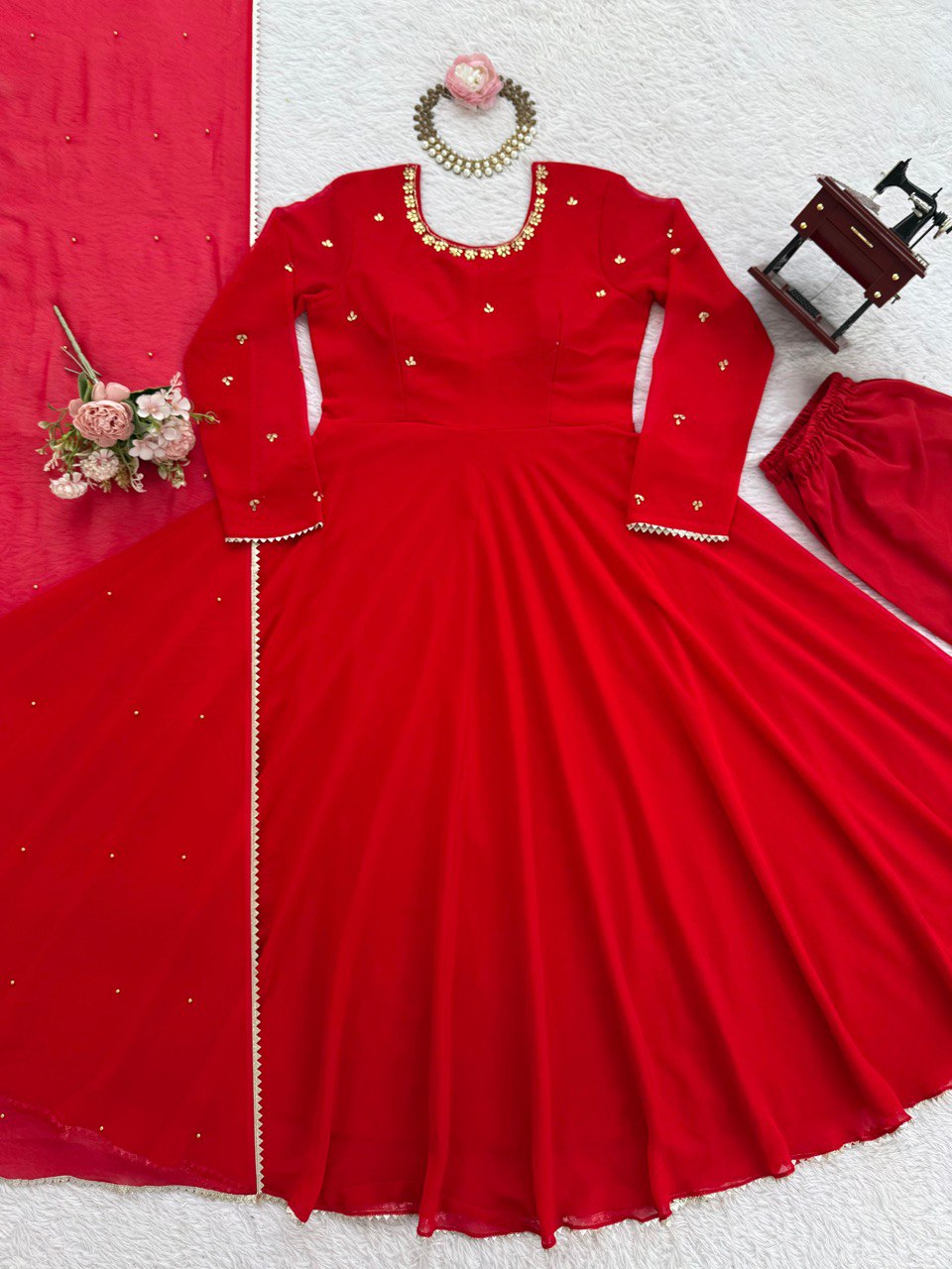 Awesome Red Color Flared Georgette Gown