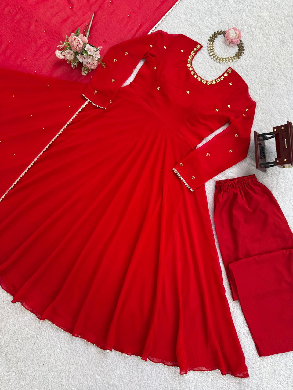 Awesome Red Color Flared Georgette Gown