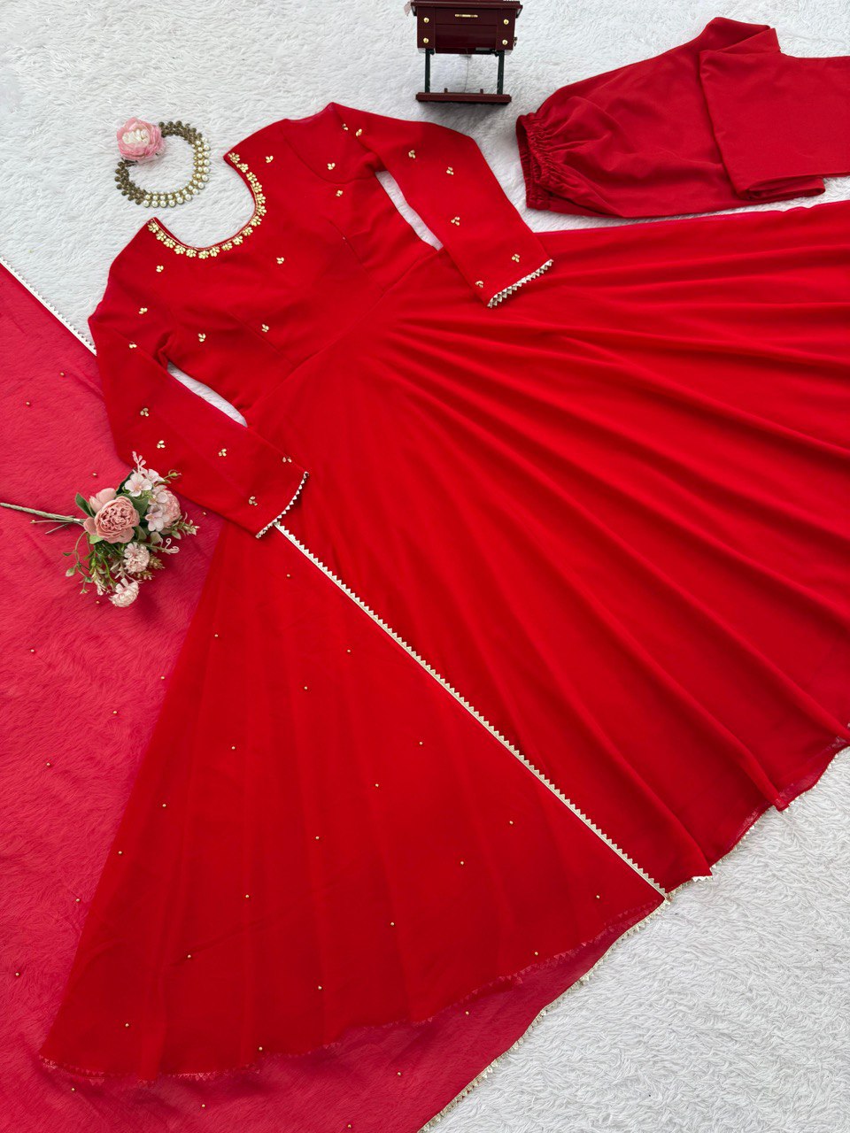 Awesome Red Color Flared Georgette Gown
