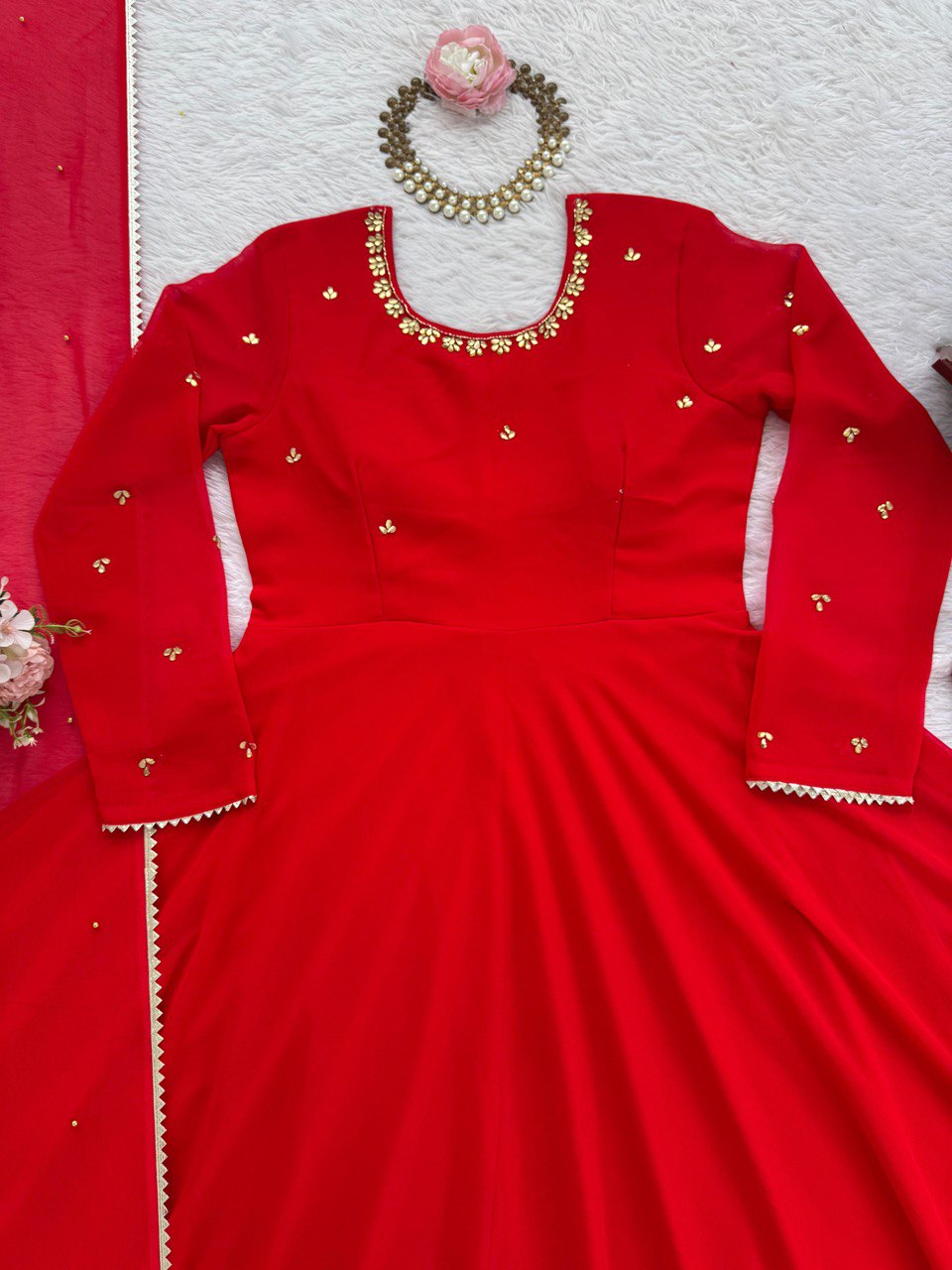 Awesome Red Color Flared Georgette Gown