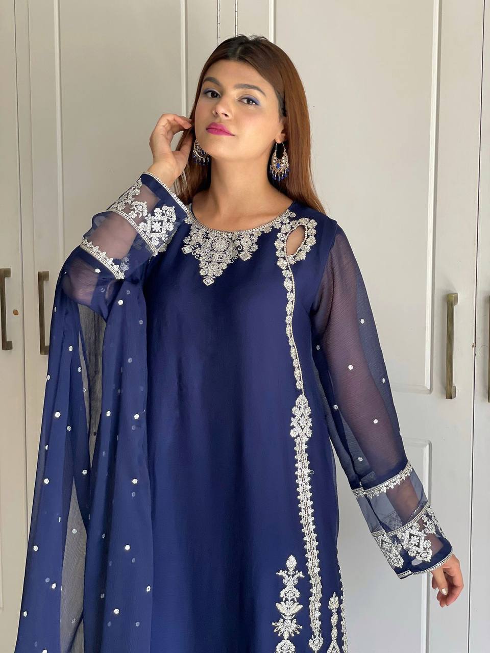 Marvelous Navy Blue Color Embroidery Sequence Suit