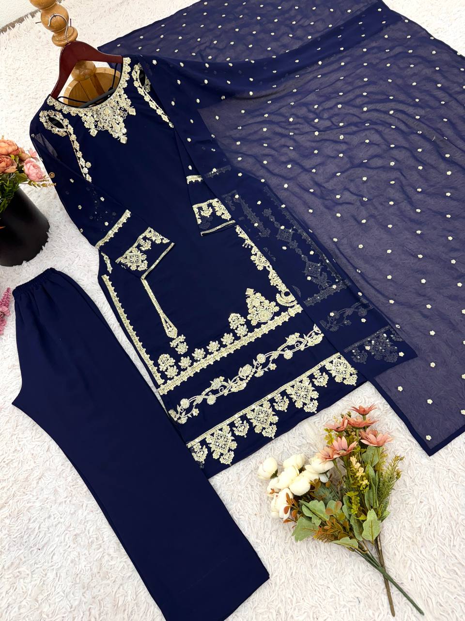 Marvelous Navy Blue Color Embroidery Sequence Suit