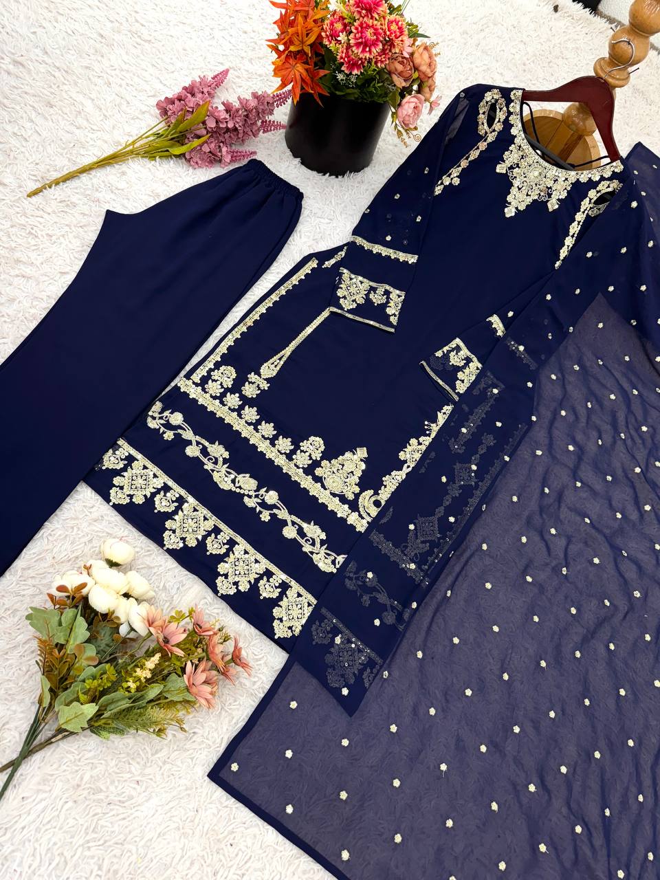 Marvelous Navy Blue Color Embroidery Sequence Suit