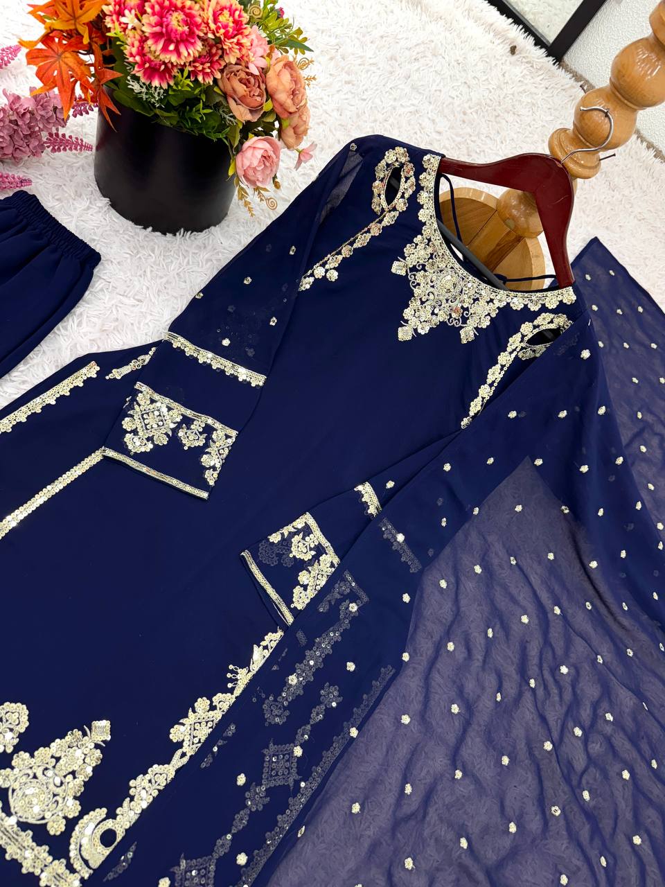 Marvelous Navy Blue Color Embroidery Sequence Suit