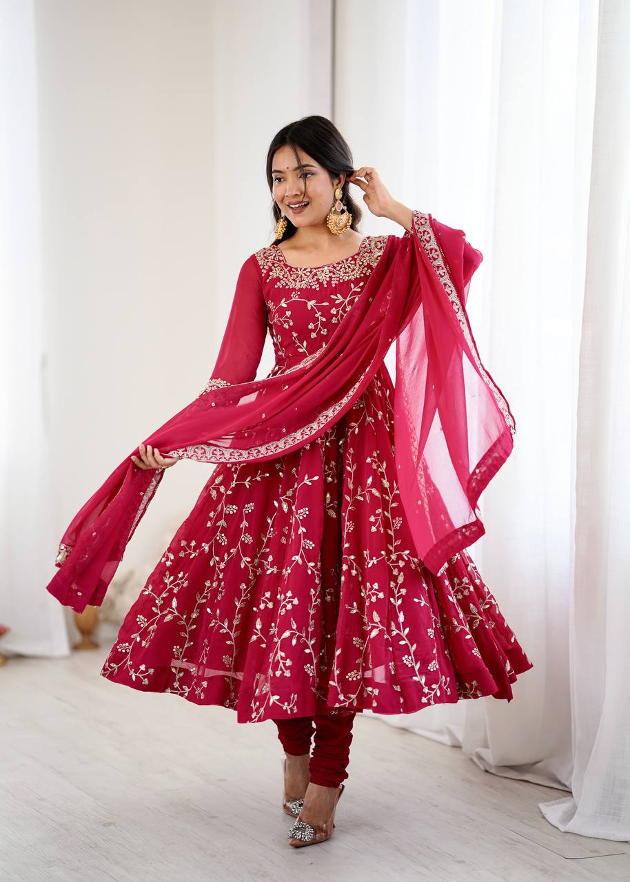 Admiring Red Color Embroidery Work Georgette Gown