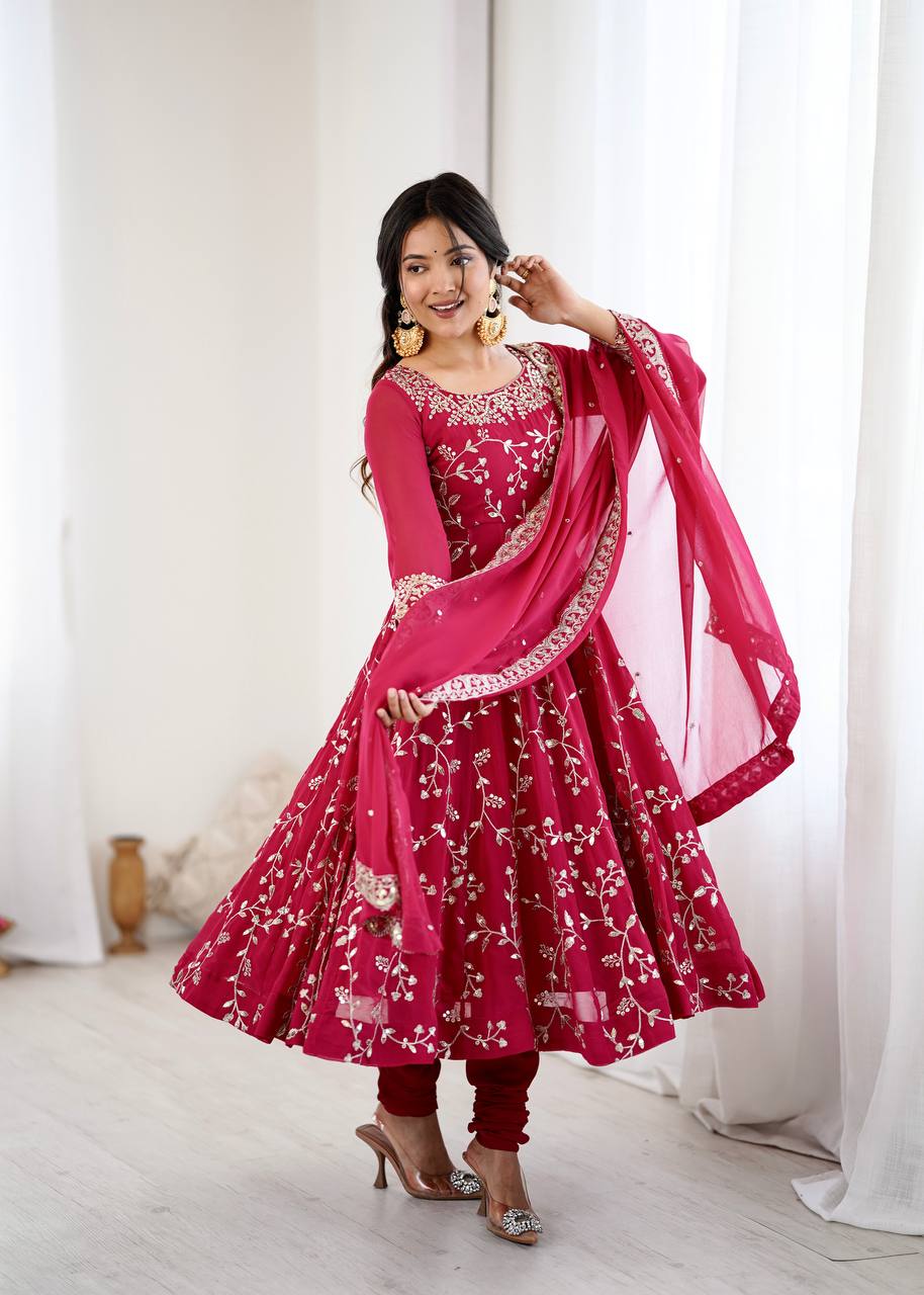 Admiring Red Color Embroidery Work Georgette Gown