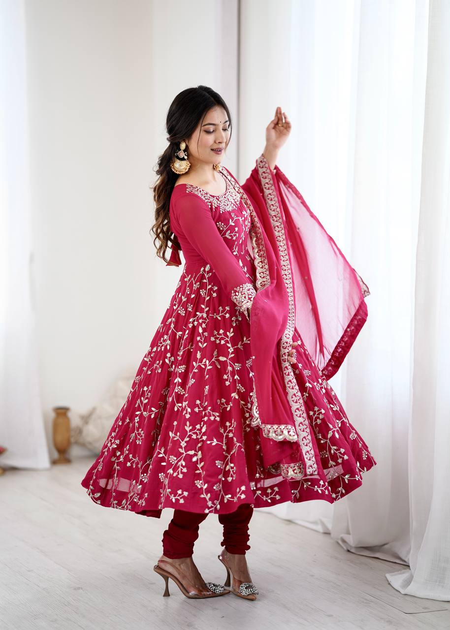 Admiring Red Color Embroidery Work Georgette Gown