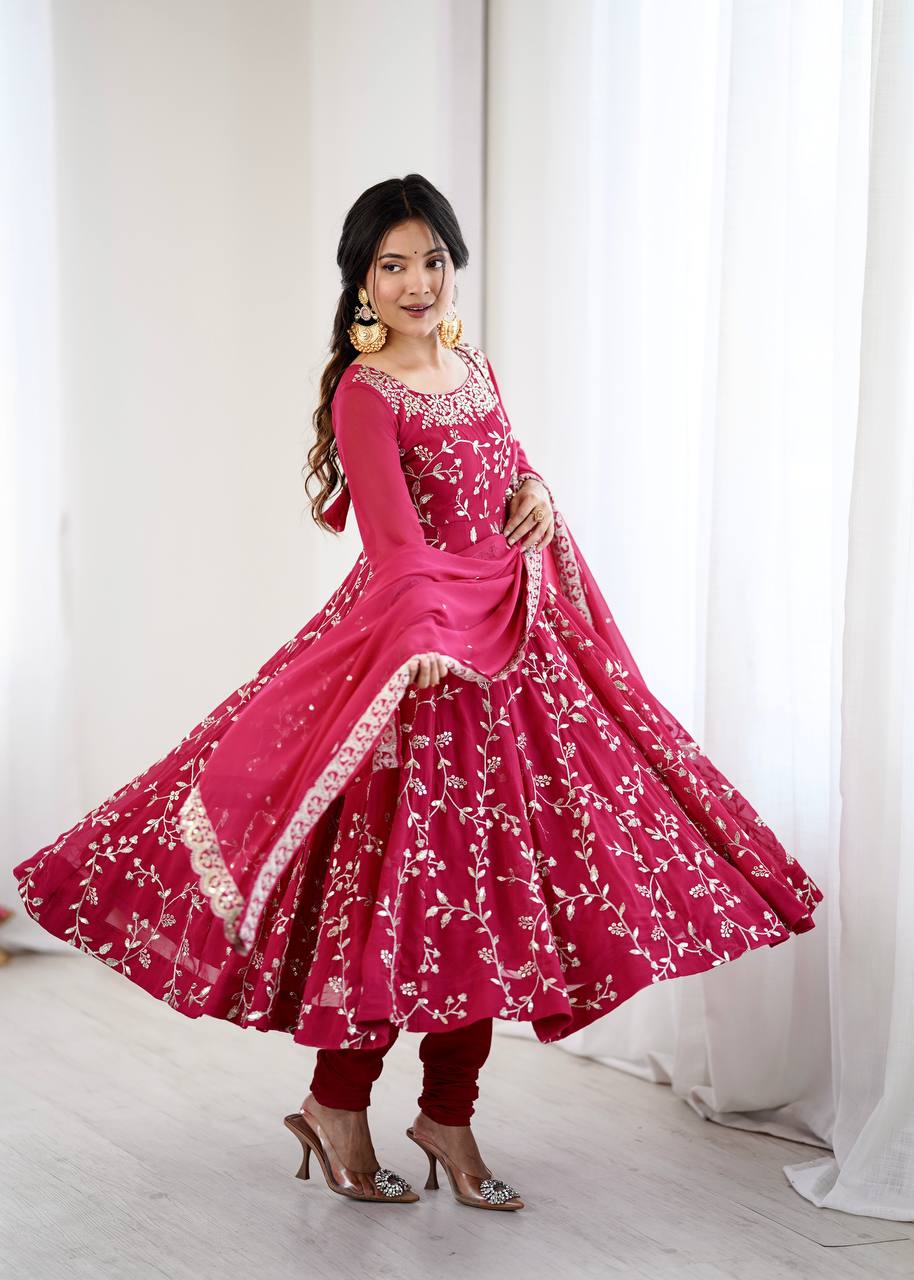 Admiring Red Color Embroidery Work Georgette Gown