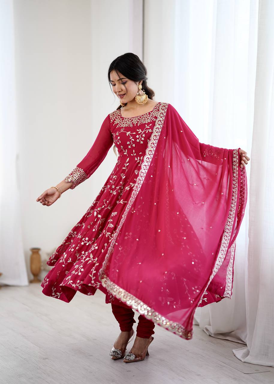 Admiring Red Color Embroidery Work Georgette Gown
