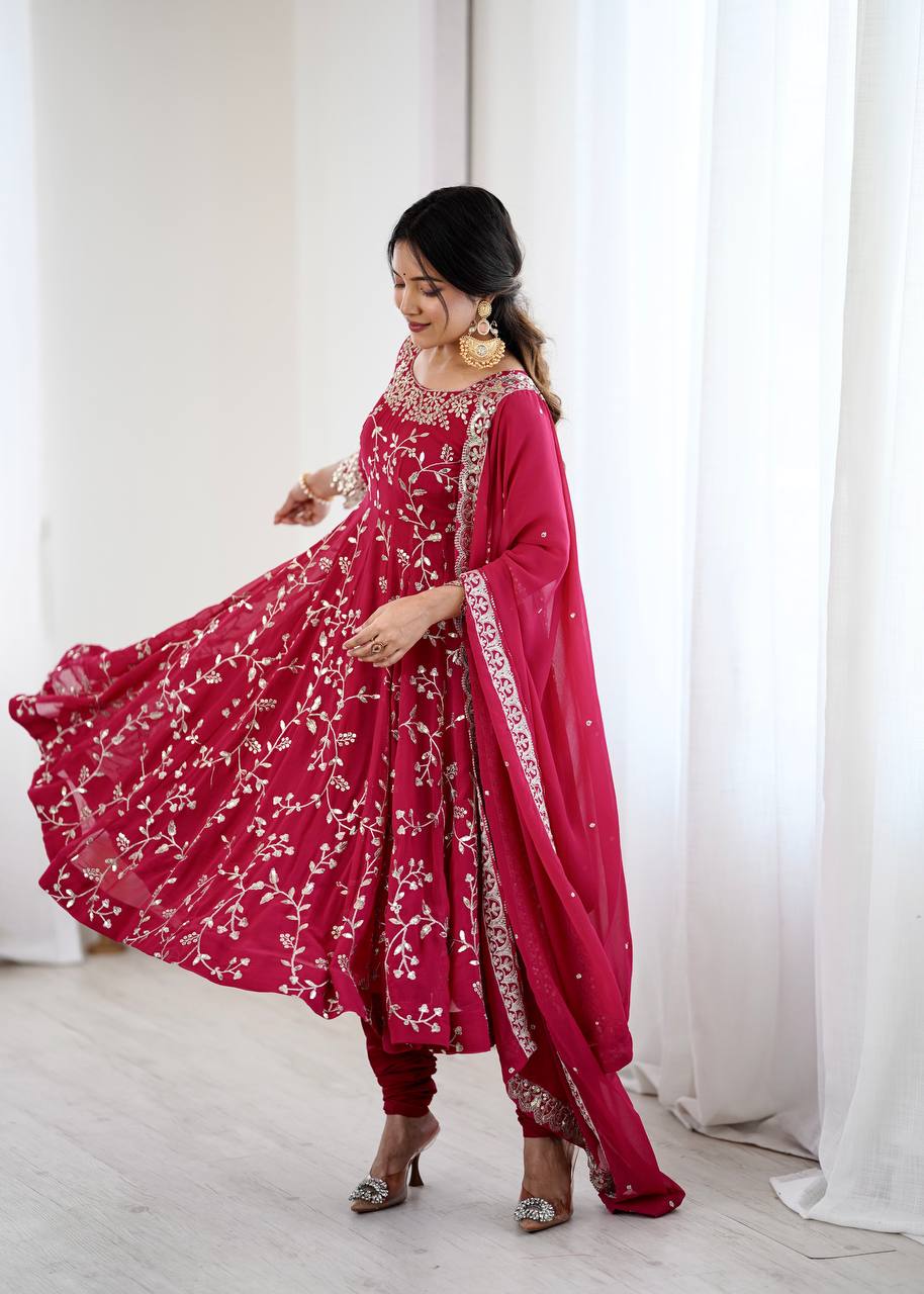 Admiring Red Color Embroidery Work Georgette Gown