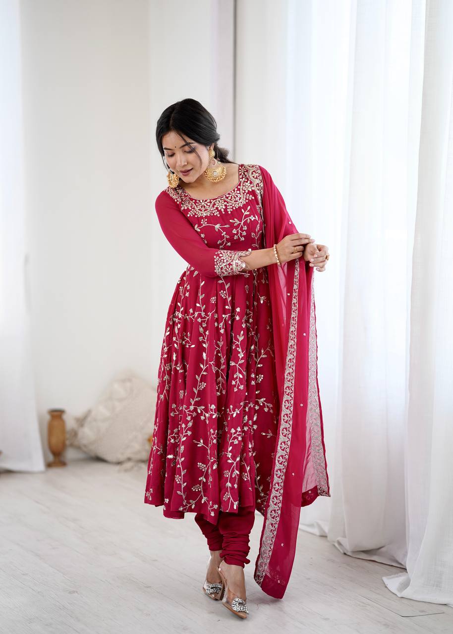 Admiring Red Color Embroidery Work Georgette Gown