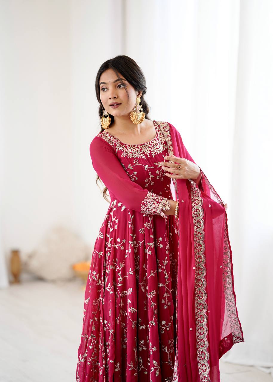 Admiring Red Color Embroidery Work Georgette Gown