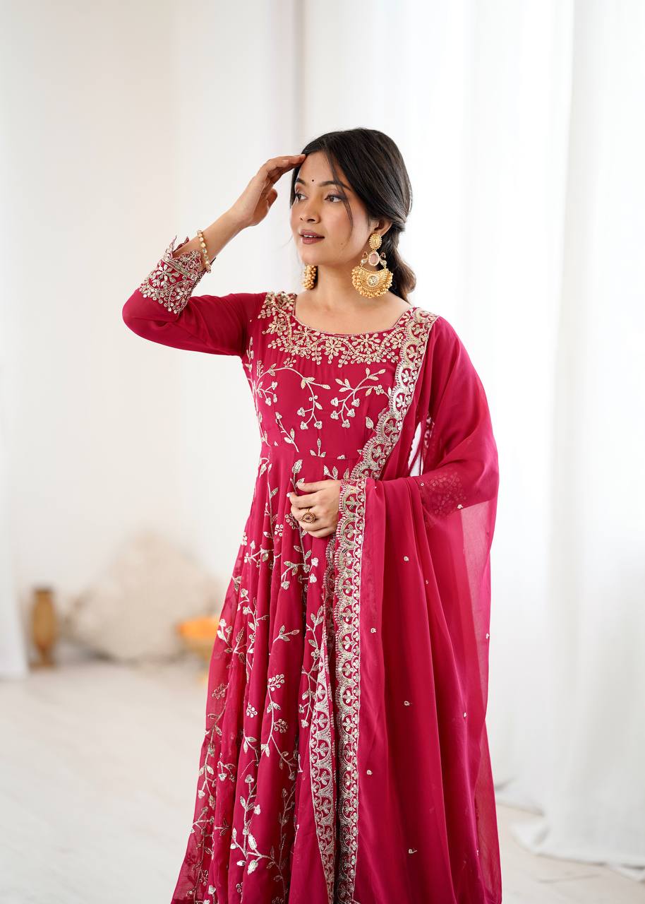 Admiring Red Color Embroidery Work Georgette Gown