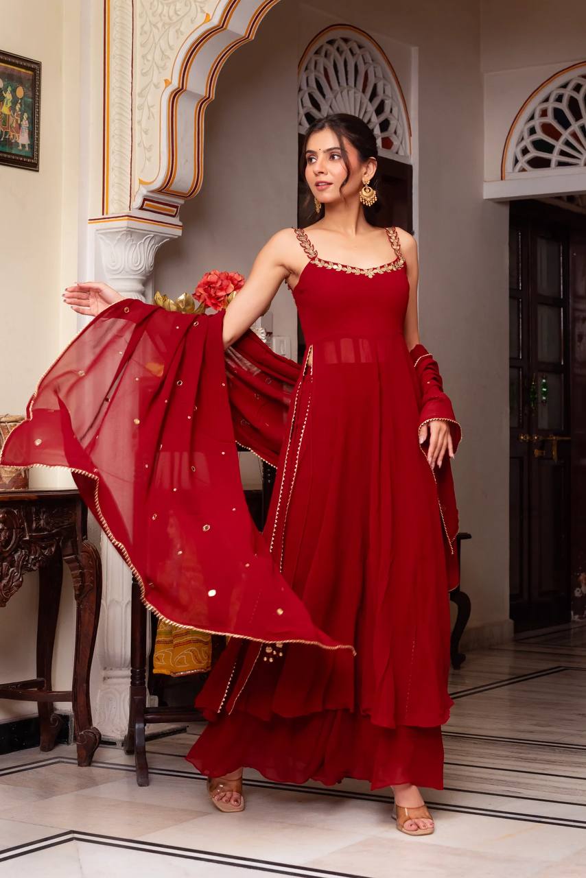 Attractive Red Color Mirror Work Anarkali Suit