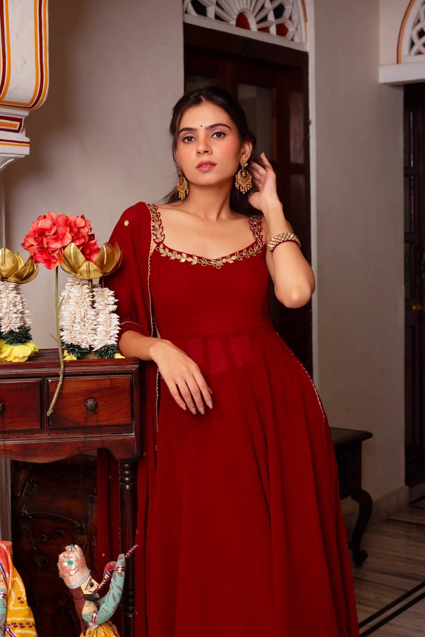 Attractive Red Color Mirror Work Anarkali Suit