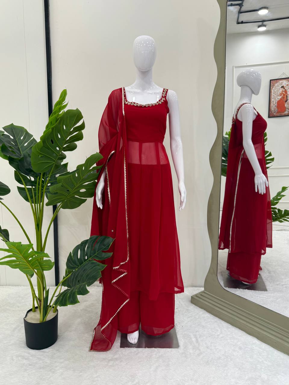 Attractive Red Color Mirror Work Anarkali Suit