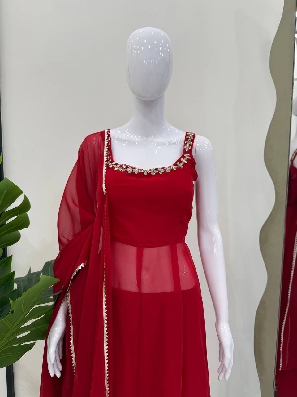 Attractive Red Color Mirror Work Anarkali Suit