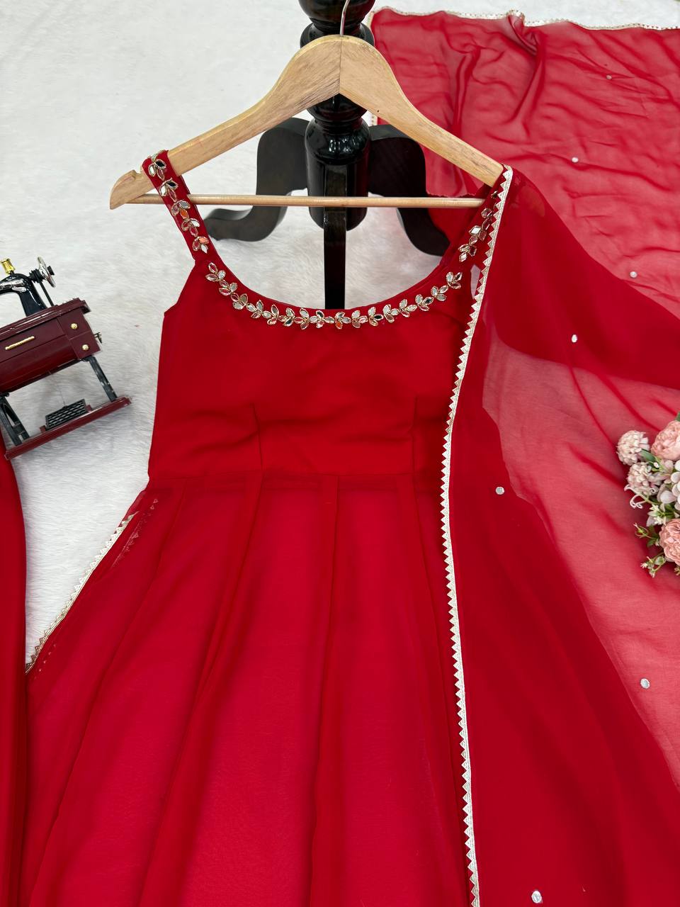 Attractive Red Color Mirror Work Anarkali Suit