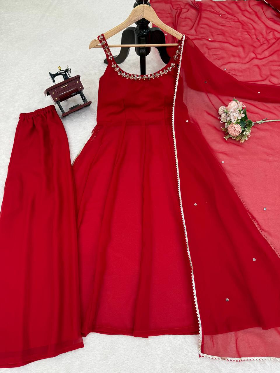 Attractive Red Color Mirror Work Anarkali Suit