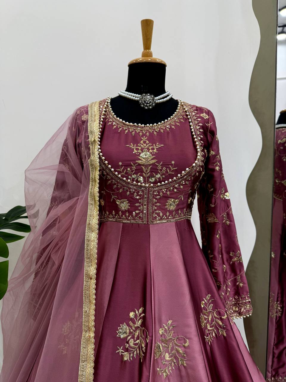 Beautiful Wine Color Thread Work Anarkali Gown