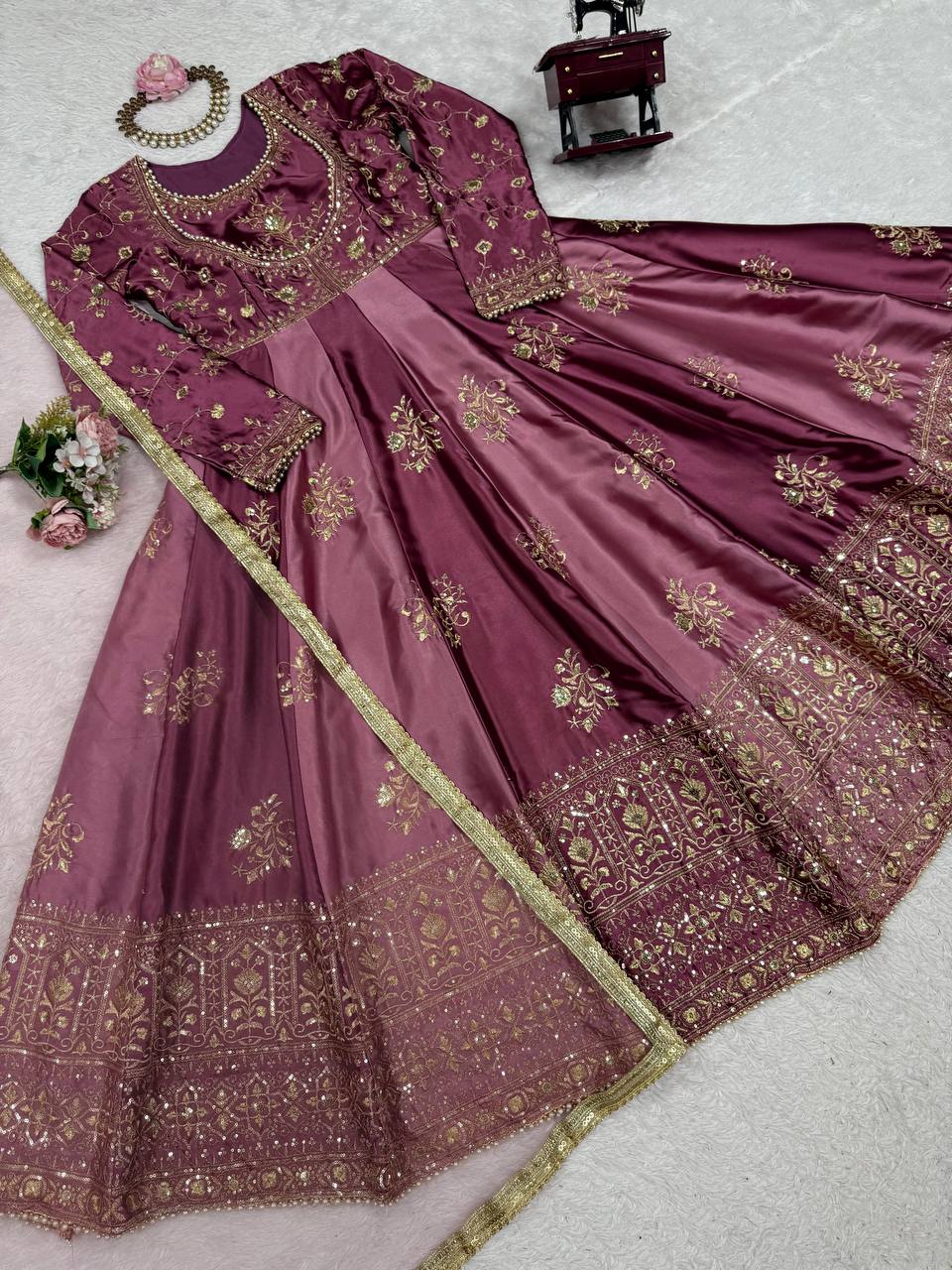 Beautiful Wine Color Thread Work Anarkali Gown