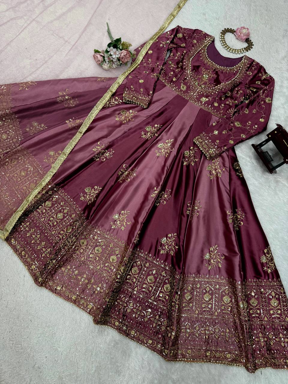 Beautiful Wine Color Thread Work Anarkali Gown