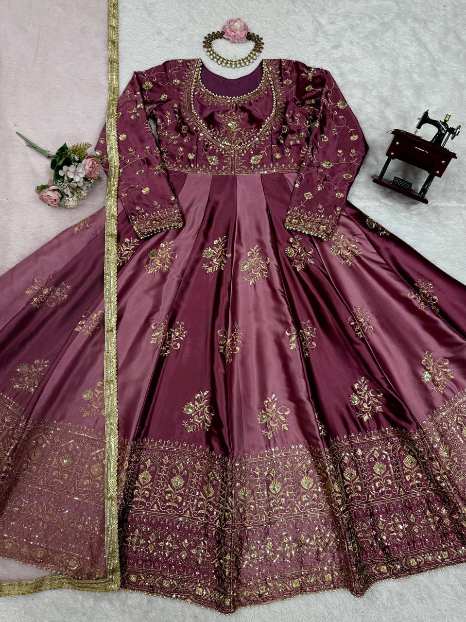 Beautiful Wine Color Thread Work Anarkali Gown