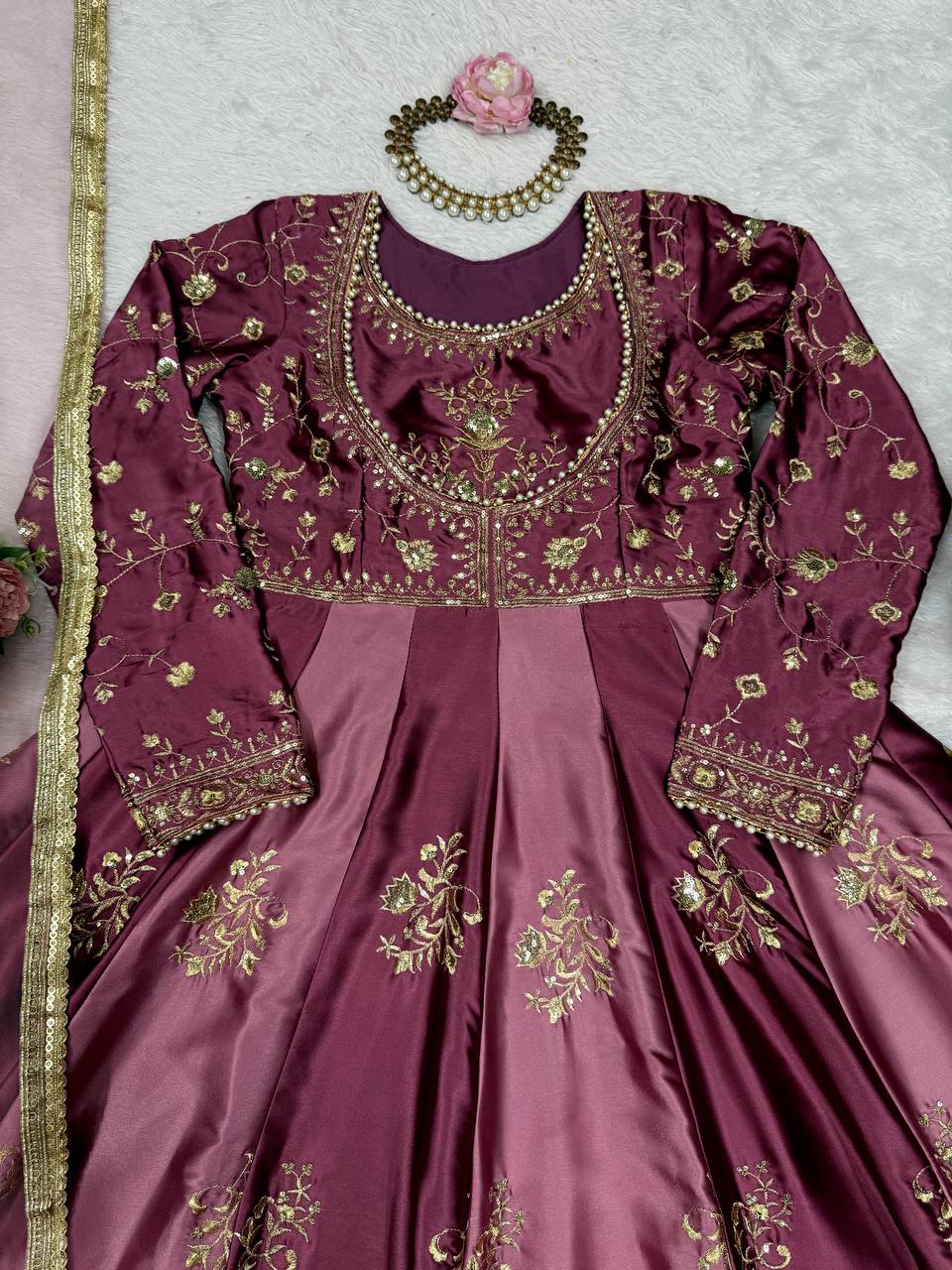 Beautiful Wine Color Thread Work Anarkali Gown