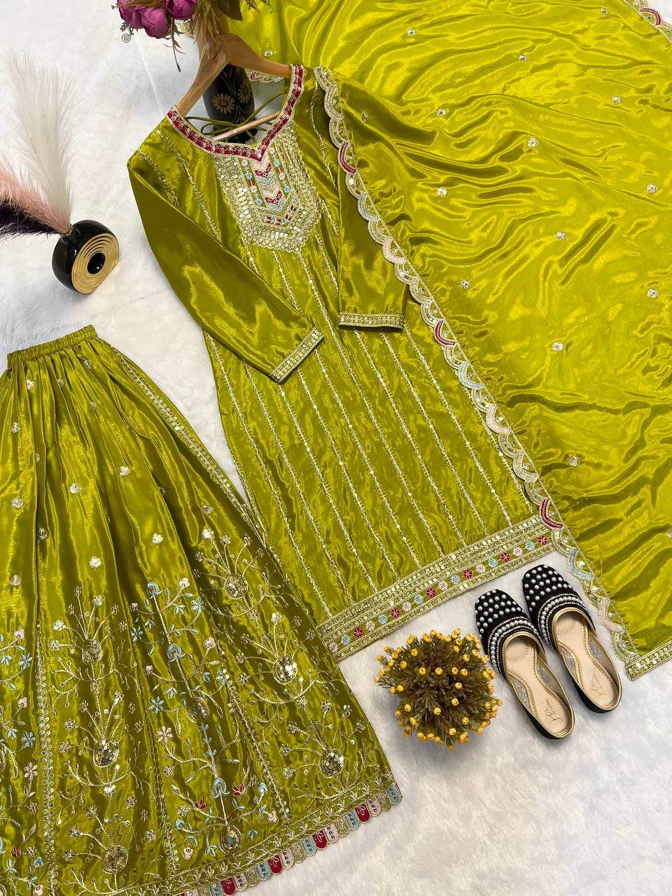 Awesome Mehndi Color  Embroidery Work Palazzo Suit